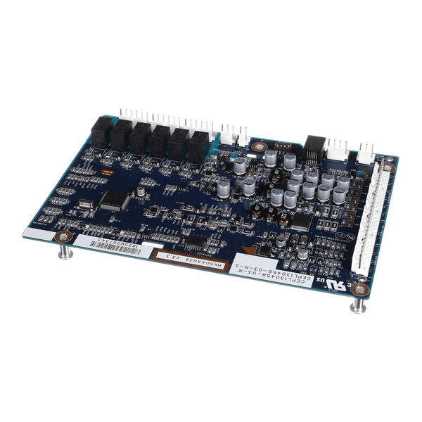 A blue printed circuit board with various electronic components, connectors, and capacitors mounted on it, supported by four metal standoffs.