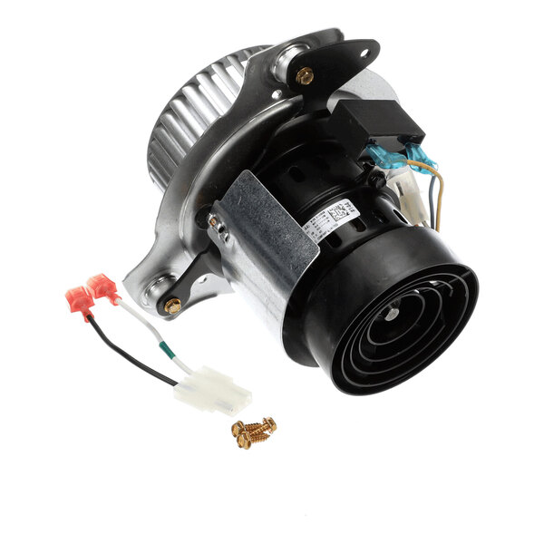 A metallic and plastic mechanical assembly with a fan, electrical connectors, and mounting screws visible.