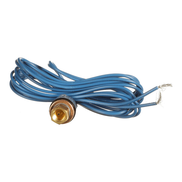 A brass pressure switch with attached blue electrical wires, some of which have exposed ends.