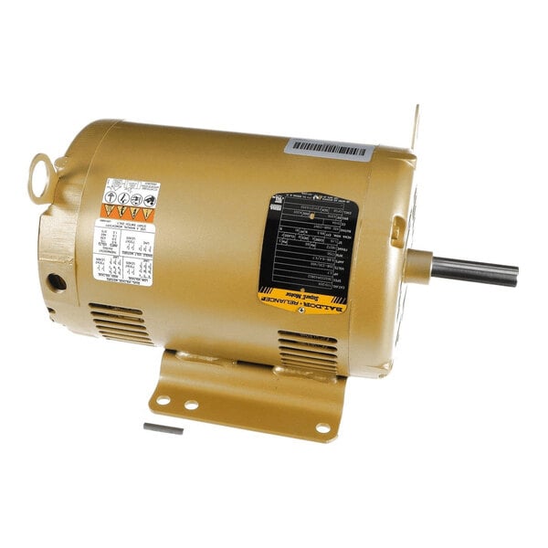 A gold-colored cylindrical electric motor with a mounting base, visible shaft, and informational labels attached to its side.