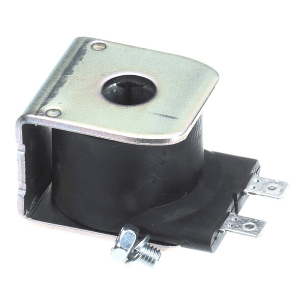 A black and metallic solenoid coil with two electrical terminals and a screw assembly, featuring a central hole and a mounting bracket.