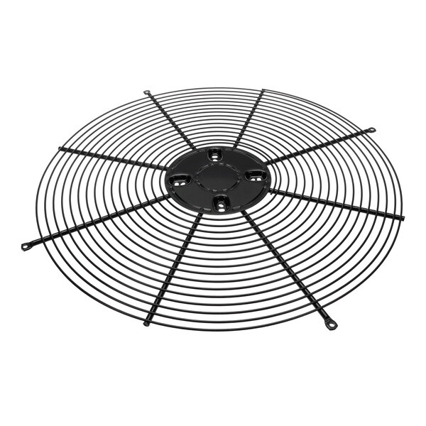 A round, black metal wire fan guard with a central mounting plate and radiating support spokes.