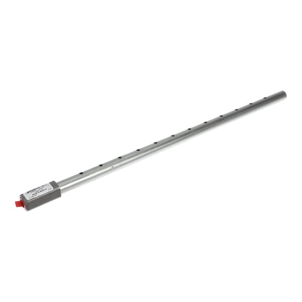 A long, cylindrical metal tube with evenly spaced holes along its length and a capped end with a label and red tip.