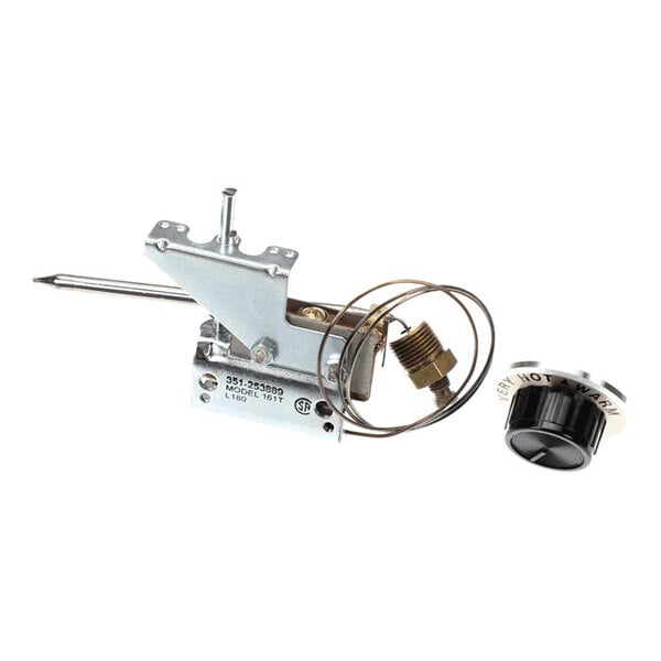 A metal mechanical component with a coiled wire, a brass fitting, and a black control knob labeled with temperature settings.