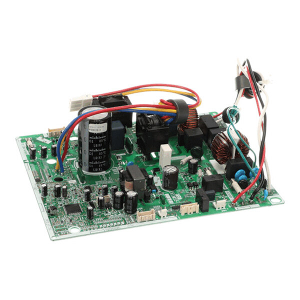 A green printed circuit board (PCB) with various electronic components, including capacitors, coils, connectors, and wires attached.