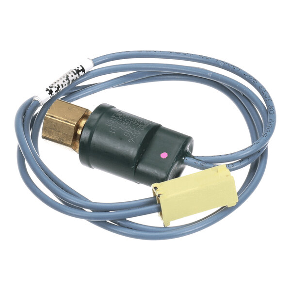 A coiled blue wire with a brass and black cylindrical component attached, along with a yellow rectangular connector.