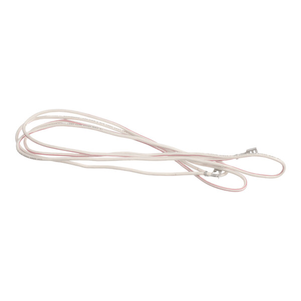 A white and pink electrical wire harness with metal connectors at both ends, coiled loosely on a white background.