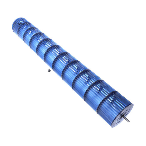 A cylindrical blue plastic blower wheel with multiple evenly spaced fins and a central metal shaft.