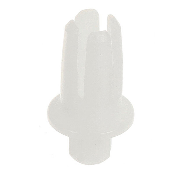 A translucent, cylindrical plastic component with four vertical prongs and a circular flange near its base.