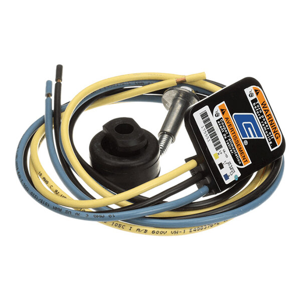 A coiled set of yellow and blue electrical wires with connectors, a black plastic component, a metal bolt, and a labeled warning tag.