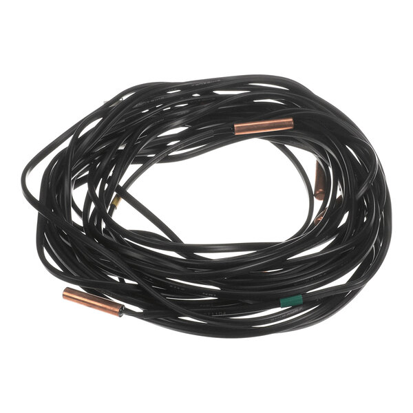 A coiled black cable with several copper-colored metal tips at the ends.