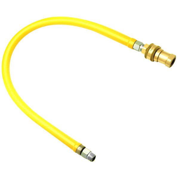 A yellow T&S gas connector hose with swivel fittings and nozzles.