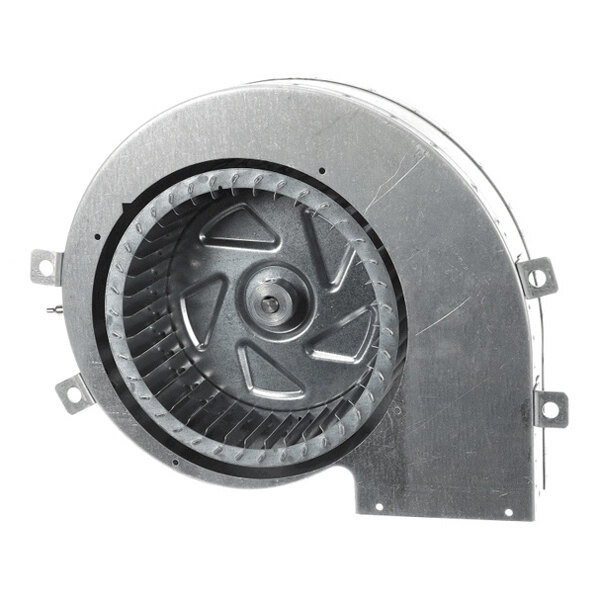 A metal centrifugal fan or blower assembly with a circular impeller and mounting brackets.
