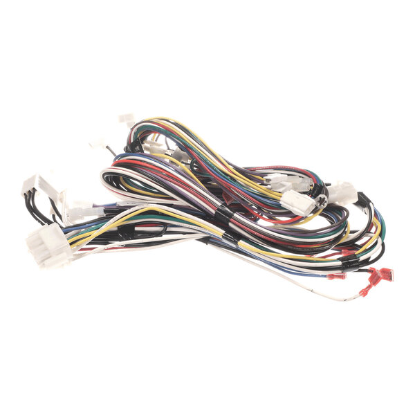 A bundle of multicolored electrical wires with various connectors attached at the ends.