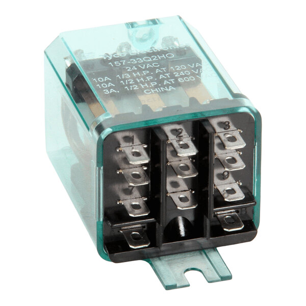 A rectangular electrical relay with a transparent greenish cover and multiple metal terminals labeled with numbers.