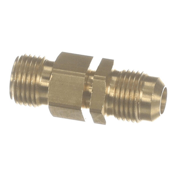 A brass-colored metal coupling with threaded ends and a hexagonal center section.