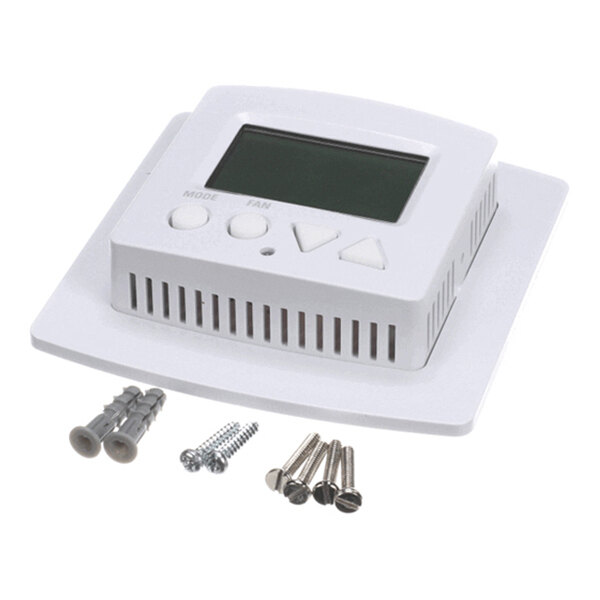 A white electronic device with a digital display and control buttons, shown with mounting screws and wall anchors.