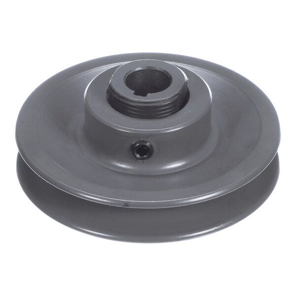 A metal pulley with a central hub and a groove around its circumference, designed for mounting on a shaft.