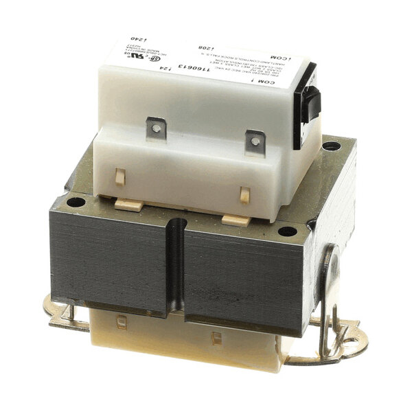 A metal and plastic electrical transformer with visible coils and mounting brackets.
