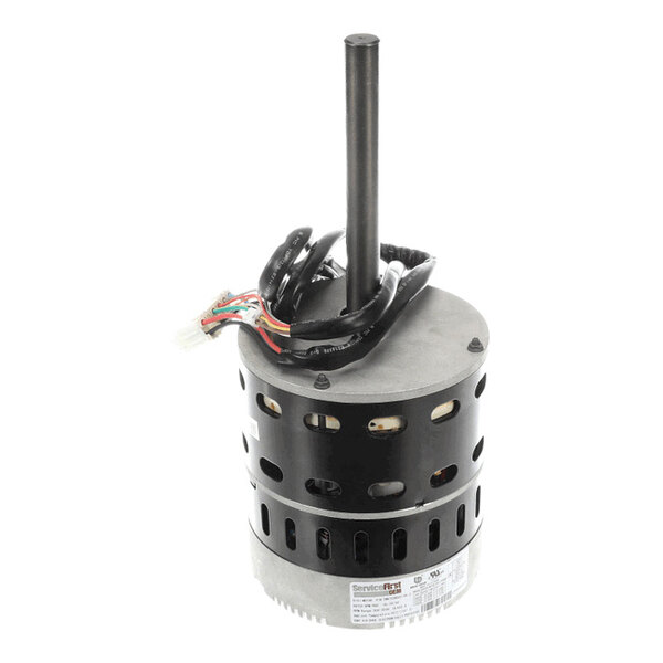 A cylindrical electric motor with a black housing, visible ventilation slots, a central shaft extending upward, and several colored wires attached.