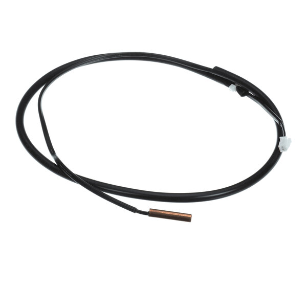 A black cable with a cylindrical metallic sensor on one end and a white connector on the other end, coiled in a loop.