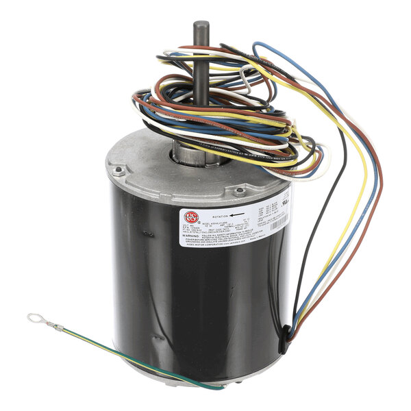 A cylindrical electric motor with a metal shaft protruding from the top and multiple colored wires extending from the top and side.