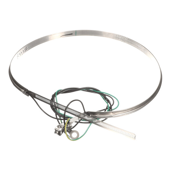 A metallic circular band with attached wires and a small metal component.