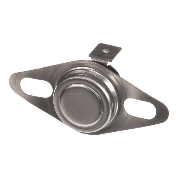 A metallic component with a circular center and two elongated mounting holes on either side, featuring a small tab with a hole on top.