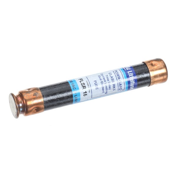A cylindrical fuse with metallic end caps and a labeled body, showing specifications and ratings.