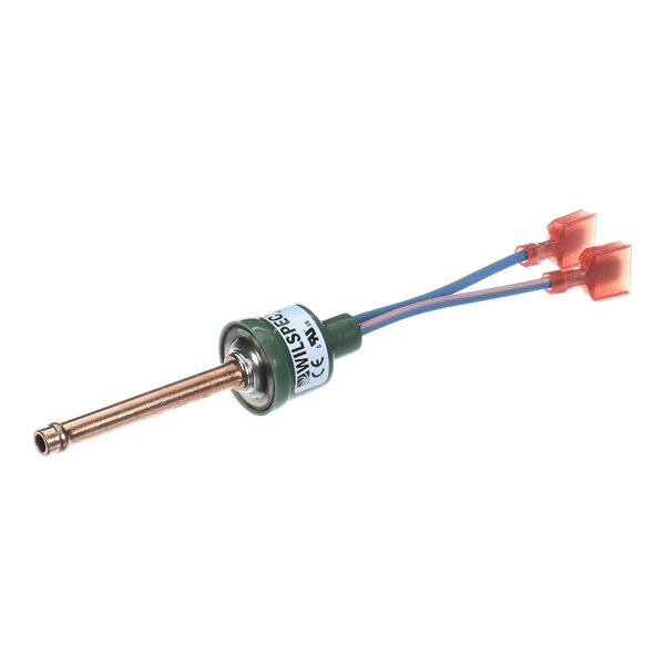 A cylindrical metallic component with a long copper-colored shaft, two blue wires, and orange connectors at the ends.