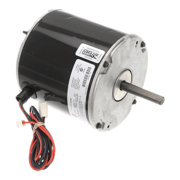 A cylindrical electric motor with a metal shaft protruding from one end and several attached wires with connectors.
