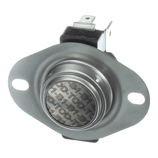 A metallic component with a round central part, two mounting holes, and an electrical terminal on top.