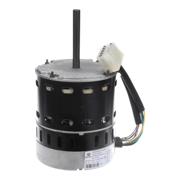 A cylindrical electric motor with a central shaft, ventilation slots, and attached wiring with a connector.