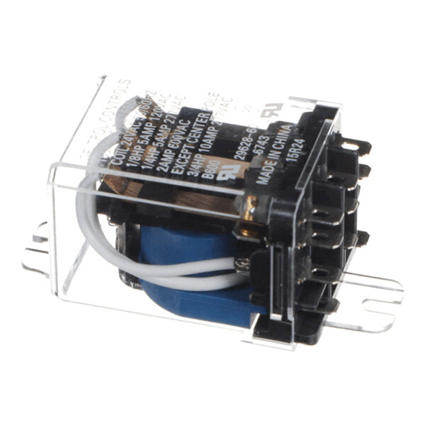 A clear plastic-encased electrical relay with visible wiring and terminal connections.