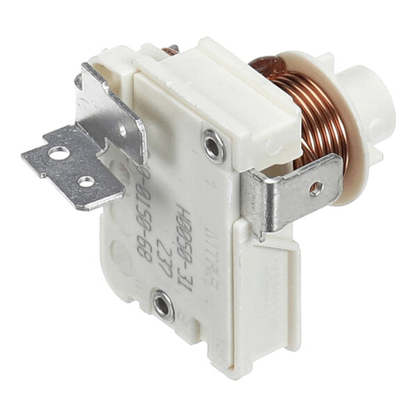 A white and metallic electrical relay component with a visible copper coil and mounting brackets.