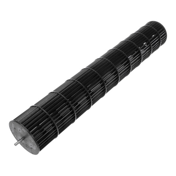 A cylindrical, black, slatted fan rotor with metal end plates and a central shaft.