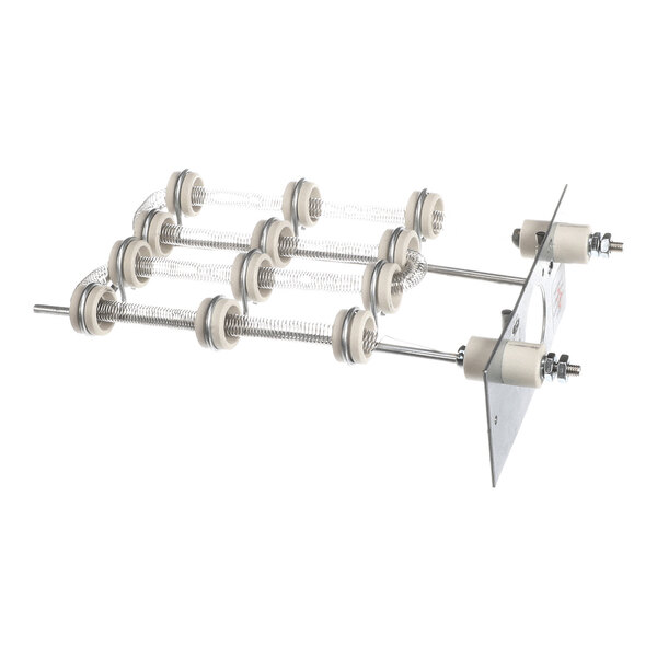 A metal mounting plate with multiple cylindrical heating elements arranged in parallel, each consisting of coiled wire and ceramic insulators.