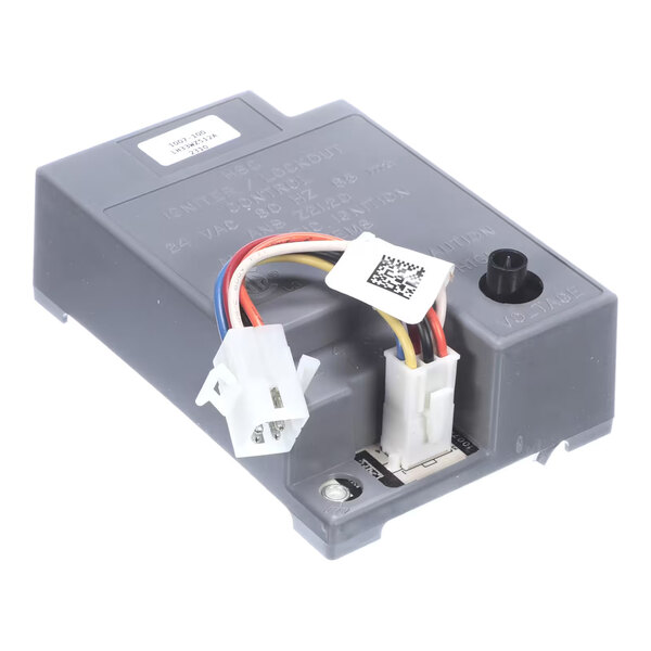 A rectangular gray electronic module with attached multicolored wires and white plastic connectors.