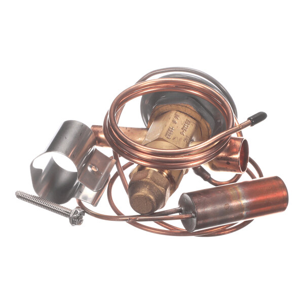 A brass and copper mechanical component with coiled tubing, a cylindrical part, and a metal mounting bracket.