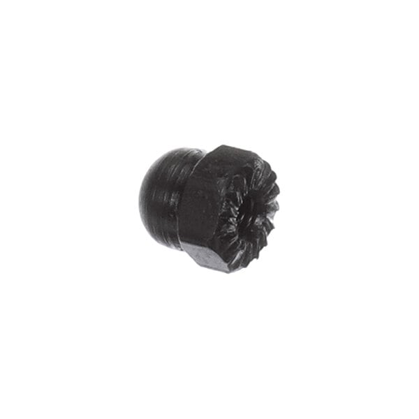 A small, dark-colored hexagonal nut with a ridged or serrated edge, photographed against a white background.