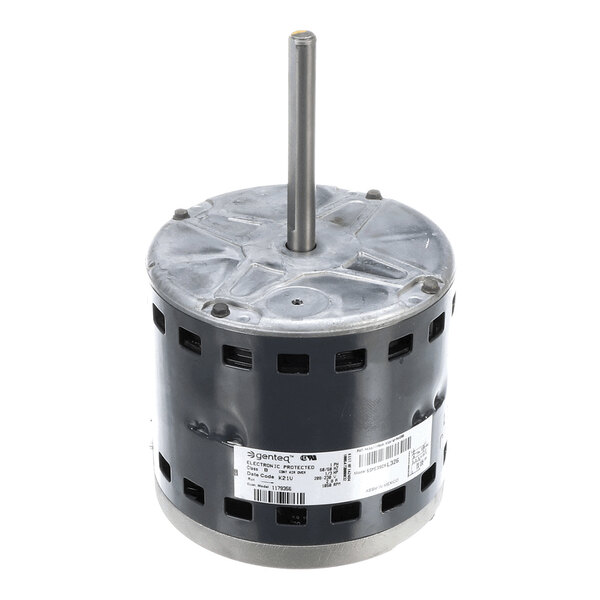 A cylindrical electric motor with a central shaft extending vertically from the top and ventilation slots around the sides.