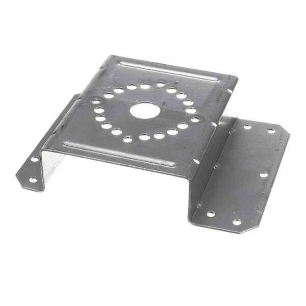 A metal bracket with multiple holes arranged in a circular pattern and along the edges, featuring bent flanges on each side.