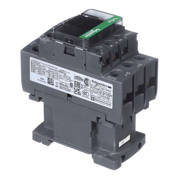 A black and gray electrical contactor with multiple connection points and a label displaying technical specifications and certifications.