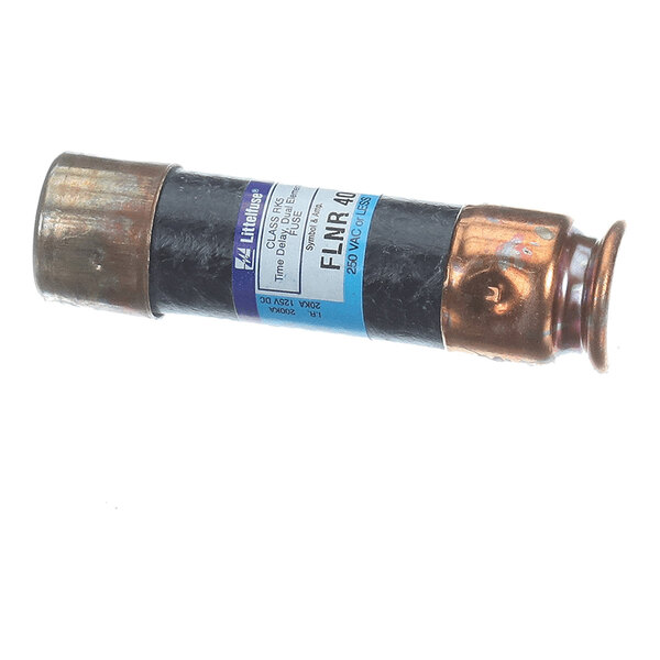 A cylindrical fuse with metal end caps and a labeled body indicating specifications such as 250V and 40A.