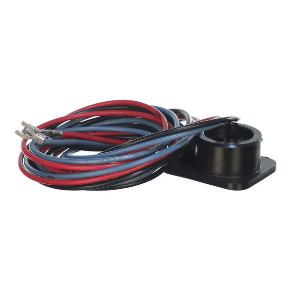 A coiled bundle of red, blue, and black electrical wires attached to a black plastic mounting component.