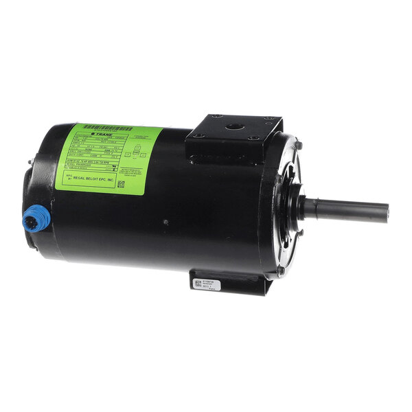 A black cylindrical electric motor with a green label and a protruding shaft.