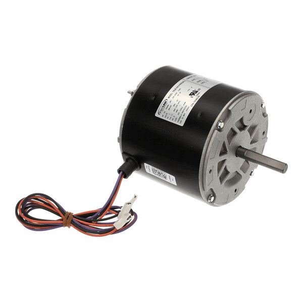 A cylindrical electric motor with a metal shaft protruding from one end and several colored wires extending from the other side.