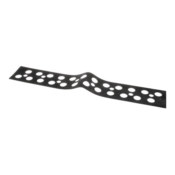 A black strip with multiple circular holes and a raised center section, likely made of rubber or a similar material.