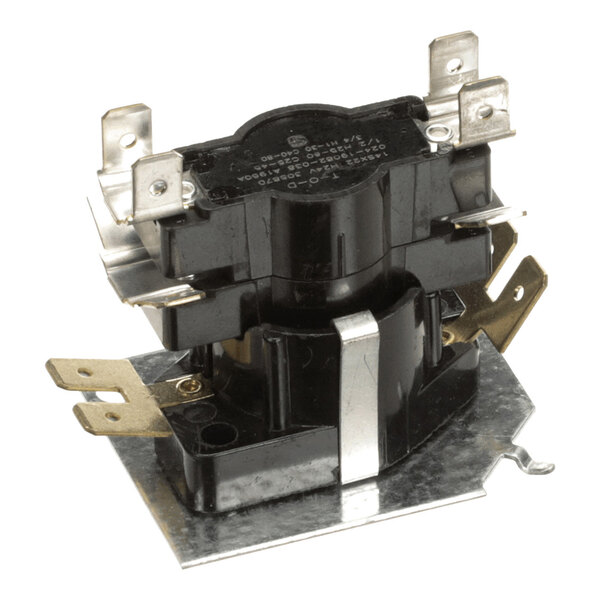 A black and metallic electrical relay component with multiple terminals and a mounting plate.