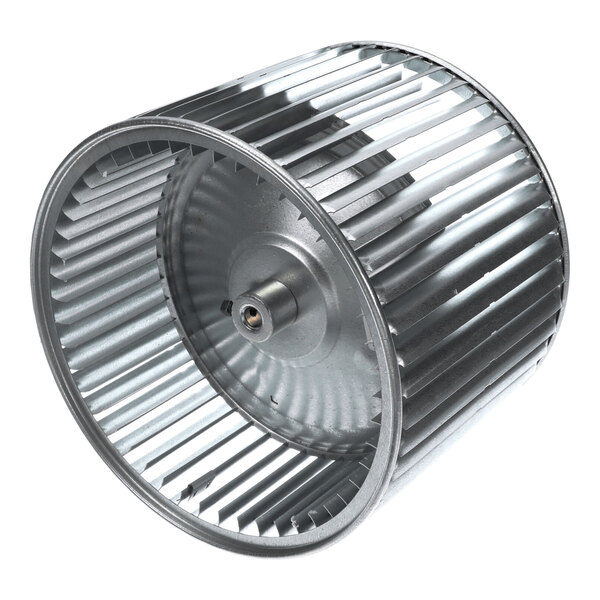 A cylindrical metal blower wheel with evenly spaced blades and a central hub.